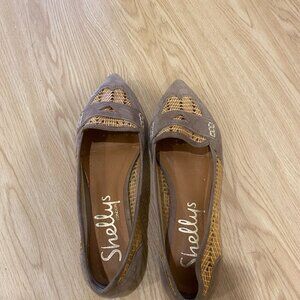 Shellys London flats in lavender leather and rattan, size 39